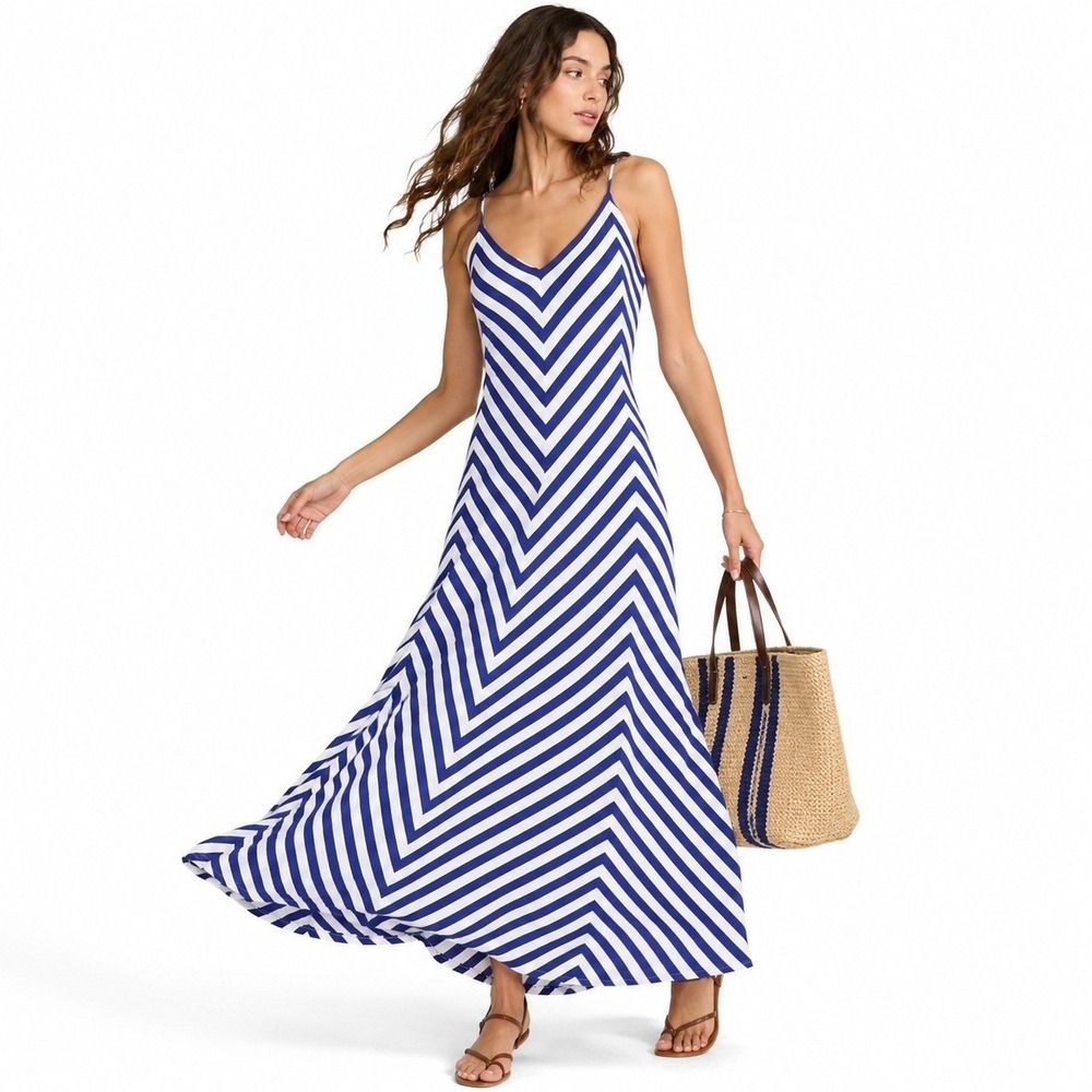 Polo Ralph Lauren Nautical Dress Maxi Blue White Chevron Striped Coastal Beach M